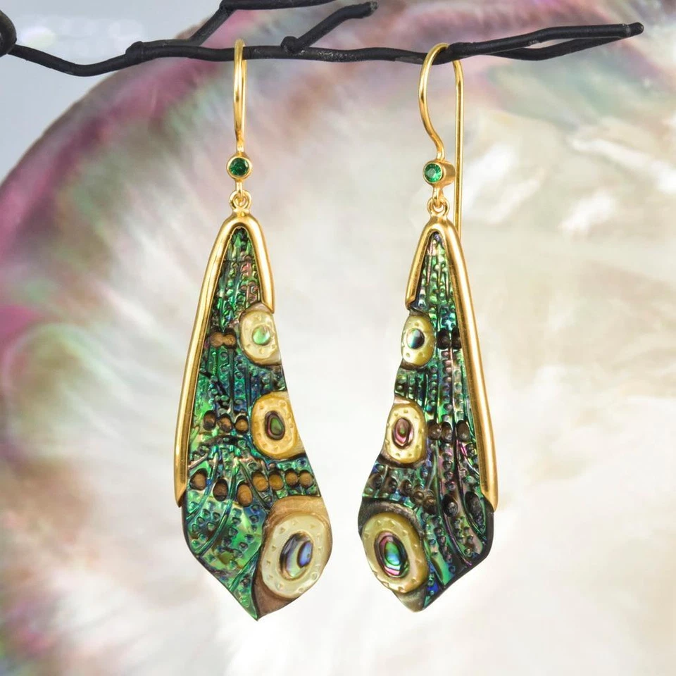 Dragonfly Wing Earrings Abalone Carving Gold Vermeil Sterling & Emerald 6.01 g - Image 1 of 4