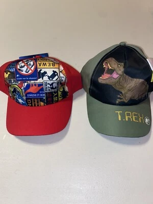 2 jurassic park kids hats caps Belcro adjustable T-Rex red green - Image 1 of 4