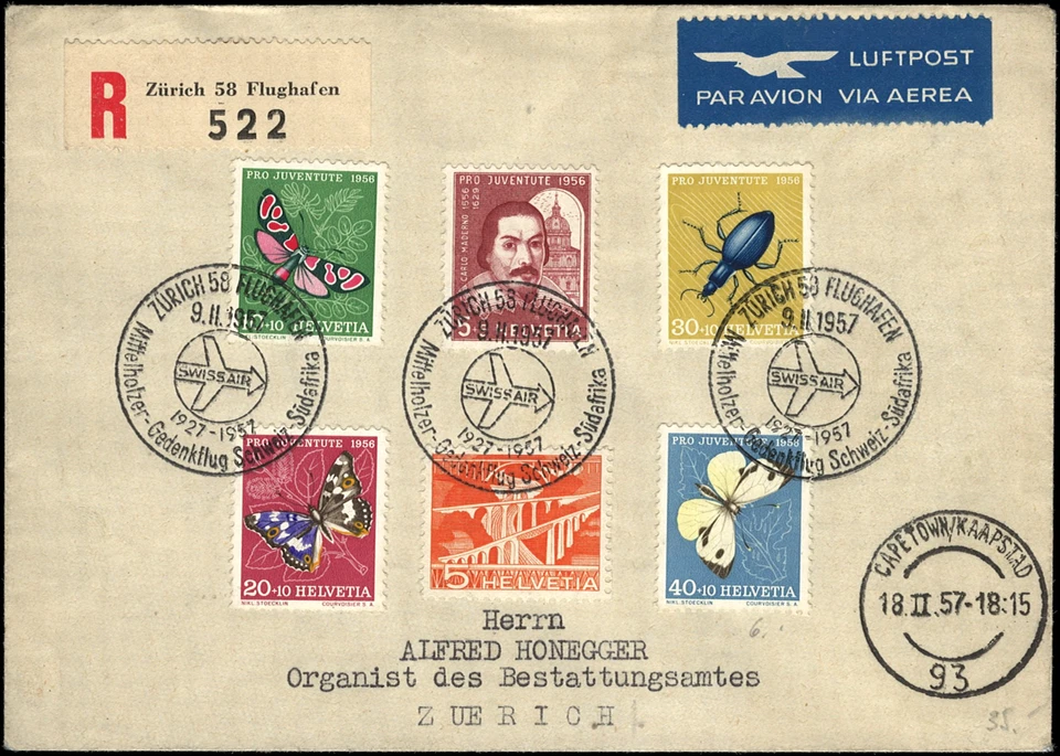 SWITZERLAND-1957 - Mittelholz commemorative flight, charge letter via Cape Town  - Image 1 of 1