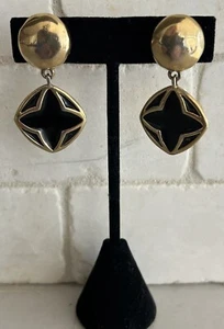 VTG Givenchy Paris Clip on Earrings Gold Tone Black Enamel Dangle Runway 2” READ - Picture 1 of 17
