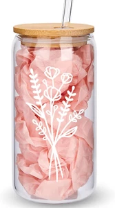 Cute Glass Cups with Lids and Straws, Aesthetic Iced Coffee Cup, Flower Mugs,... - Picture 1 of 1