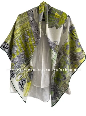 Sallys 70% Cashmere & 30% Silk Wrap Scarf Samurai Print 2 Face Shawl 53" Green - Image 1 of 4
