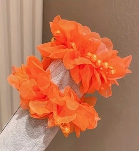 Orange Beaded Scrunchy Hair Ties Hair Elastics Bands Ponytail Holder Set - Picture 1 of 5