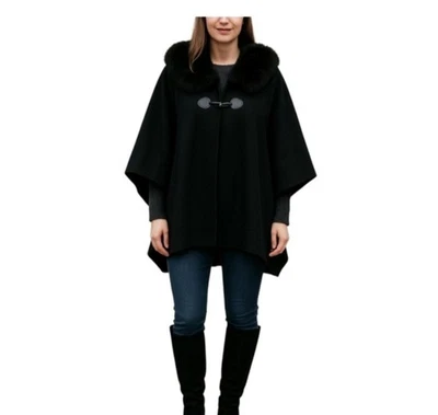 Elegante poncho negro envolvente capa ropa exterior extraíble cuello de piel sintética O/S Foto 1 de 4