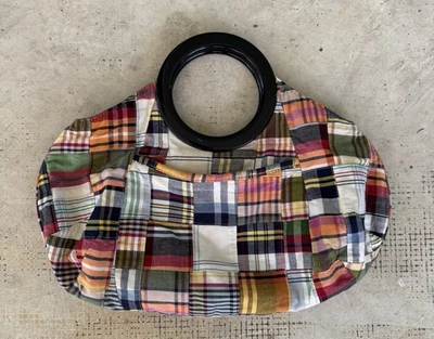 J CREW Indian Madras Plaid Purse Hoop Loop Boho Hobo Satchel Handbag Bag 91744 - Image 1 of 4
