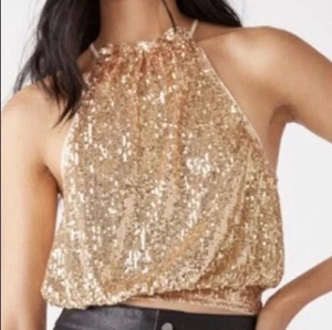 Free People Lights Out Gold Sequin Halter Cropped Top Open Tie Back XS Festival - Picture 1 of 13