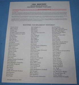 1993 Practice Rounds Invitees Sheet ~ Masters Golf Tournament ~ April 5,6,7 - Picture 1 of 3