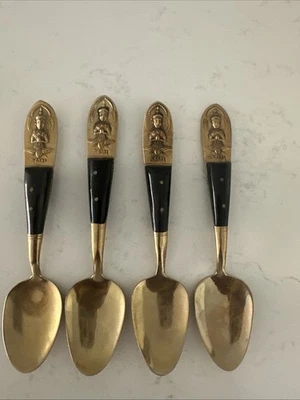 Four Brass and Teak Wood demitasse  spoons From Siam. 4 Pieces.  Wood A Nd Brass - Image 1 of 3