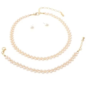 Gold Tone Multi Strand Synthetic Pearl Necklace Earring Set S15588-GCR - Picture 1 of 2