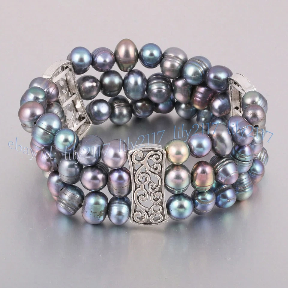 3 Rows 6-11mm Natural Multicolor Freshwater Pearl Stretch Bracelet Bangle 7.5'' - Image 1 of 4