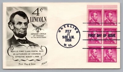 1958 Fleetwood FDC Abraham Lincoln Wheeling West VA 4C #1036a Booklet Pane of 6 - Image 1 of 2