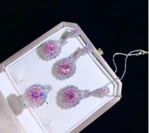 925 Silver Round Pink CZ Pendant Necklace Stud Earrings Ring Jewelry Set Box K74 - Picture 1 of 8