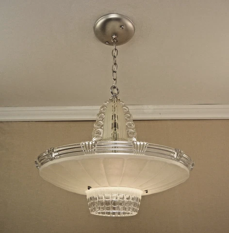 Vintage 1930s Art Deco Glass Chandelier Pendant Ceiling Light LARGE 17" Restored Cover