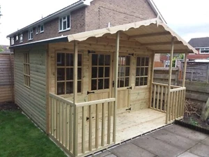 14X12 APEX TIMBER SUMMER HOUSE 4' VERANDA GARDEN ROOM TREATED GARDEN ROOM SHED - Picture 1 of 12