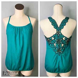 Charlotte Russe Racerback Floral Embroidered Cutout Tank Blouse Teal Women's S - Picture 1 of 14