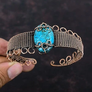 Tibetan Turquoise Jewelry Copper Birthday Gift Wire Wrapped Adjustable Cuff - Picture 1 of 6