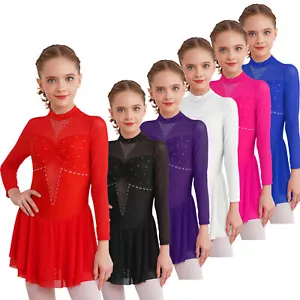 Kids Girls Figure Skating Leotard Dress Long Sleeve Shiny Gymnastics Dancewear - Picture 1 of 70