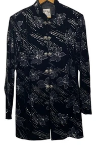 JBS Ltd Übergröße 1X schwarz Samt Tunika Top Verschluss Knopf silber Blumen Glitzer - Bild 1 von 14