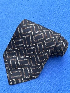 Authentic FENDI Monogram Zig Zag Striped Design On Black 100% Silk Necktie Tie - Picture 1 of 11