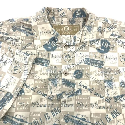 Vtg Hard Rock Cafe St Louis All Over Print Guitars Neutral Button Down Shirt XL - Image 1 of 4