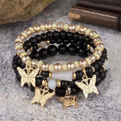 Juego de 4 brazaletes con cuentas de mariposa para mujer boho acrílico joyería regalo Foto 1 de 4