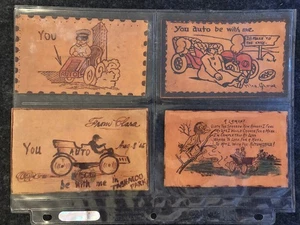 Set of 4 Vintage Leather Postcards With Automotive Design, Turn of The Century - Picture 1 of 9