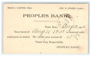 Tarjeta postal temprana Peoples Bank Credit Pratt KS 1902, Kansas - Imagen 1 de 2