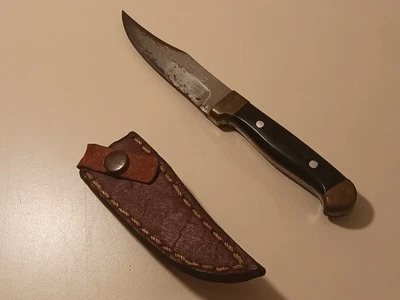 Fixed Blade Hunting Knife Black Handle Brass Bolsters Vintage Sheath Collectible - Image 1 of 4