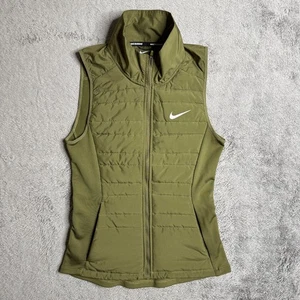 Nike Puffer Running Vest Womens XS Olive Green Full Zip Pockets High Vis Stripe - Picture 1 of 8