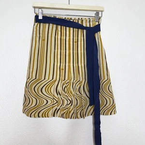 Tory Burch Silk Skirt Sz 0 Knee Length Monogram Wavy Stripe Pleated Belted Artsy - Picture 1 of 11