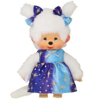 Mädchen im Sternenlicht-Kleid | 20 cm Monchhichi Puppe | zwei Zöpfchen - Bild 1 von 4