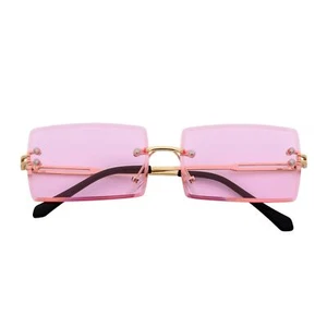 PREMIERE - Luxury 90s Small Metal Rimless Rectangle Sunglasses Gold Pink Tint - Picture 1 of 10