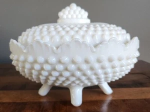 Fenton VTG Oval Footed White Hobnail Milk Glass Lidded Covered Candy/Butter Dish - Picture 1 of 10