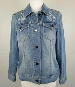 Neu mit Etikett Coldwater Creek Jeansjacke Größe 10 blaue Jeans Paisley bestickt UVP 119 $ - Bild 1 von 8