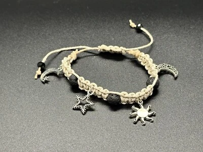 Crescent Moon Charm Natural Lava Stones Bracelet  Hemp Handmade - Image 1 of 2