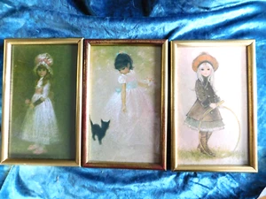 3 Golden Triptych Wooden Frames Girls Elegant Poster Under Glass Retro - Picture 1 of 5