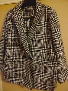 Talbots 14P Blazer Jacket Houndstooth Plaid Black Ivory Petite 14 Wool Blend NWT