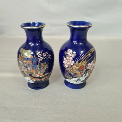 Vintage Cobalt Blue Miniature Floral and Peacock Bud Vase Gold Trim Japan X 2 - image 1 of 4