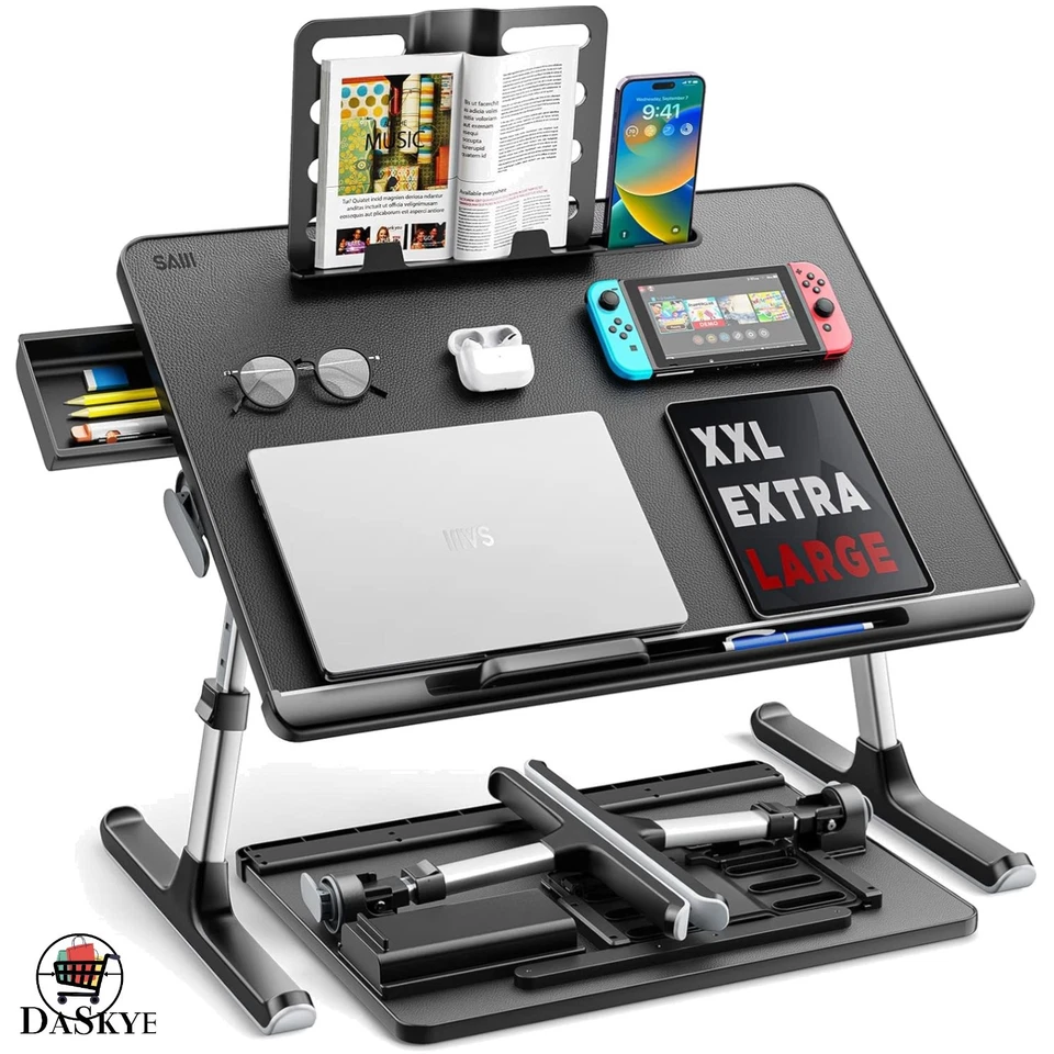 Portable Foldable Laptop Desk with Storage Drawer & Bookstand - Black Elegance - Image 1 of 4