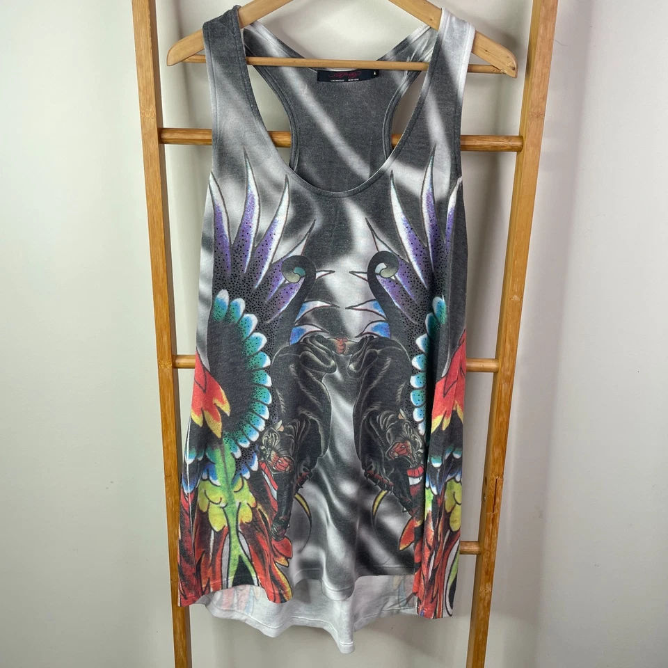Ed Hardy Mini Tank Dress Womens Large Grey Graphic Print Scoop Neck Sleeveless - image 1 of 4