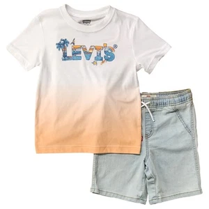 Boys White Levi's T-Shirt & Light Blue Denim Shorts Outfit Set - Picture 1 of 2