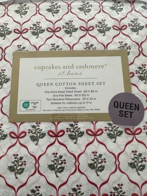 Cupcakes and Cashmere Queen Sheet Set 4pc Holiday Bows & Holly Red & Green, New - Image 1 of 3