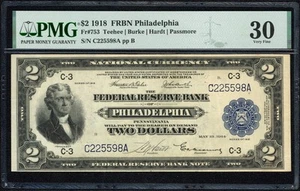 1918 2 $ Zwei Dollar Schlachtschiff Philadelphia Federal Reserve Schein Fr#753 PMG ss 30 - Bild 1 von 3