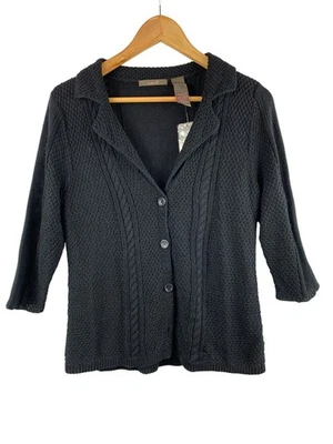 Heather B Womens Black Cable Knit Cardigan Sweater S Cotton - Image 1 of 4
