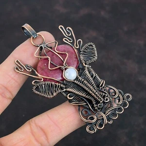 Rhodonite Gemstone Rainbow Moonstone Wire Wrapped Deer Face Wife Pendant Copper - Picture 1 of 6