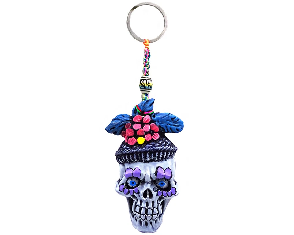 Mardi Gras Voodoo Sugar Skull Handmade 3D Keychain Macrame Metal Keyring Charm - Image 1 of 1
