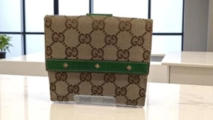 Authentic Gucci GG Canvas Studs Bifold Wallet 120922 Beige Green Leather Italy - Picture 1 of 12