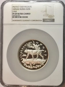 1995-(M) Russia Silver 25 Roubles Wildlife Lynx NGC Proof-69 UC - Picture 1 of 4