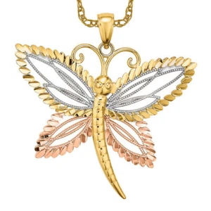 14K Solid Two Tone Gold Dragonfly Beaded Wings Necklace - Picture 1 of 12