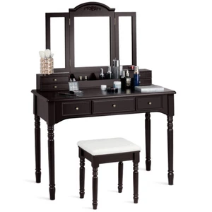 Vanity Set W/7 Drawers Tri-Folding Necklace Hooked Mirror Dressing Table Brown - Picture 1 of 12